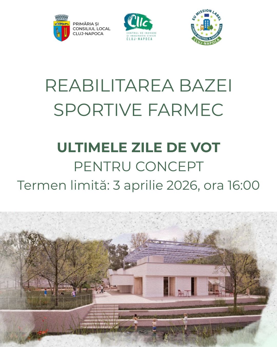 Clujenii mai pot vota până pe 3 aprilie conceptul pentru reabilitarea Bazei Sportive Farmec