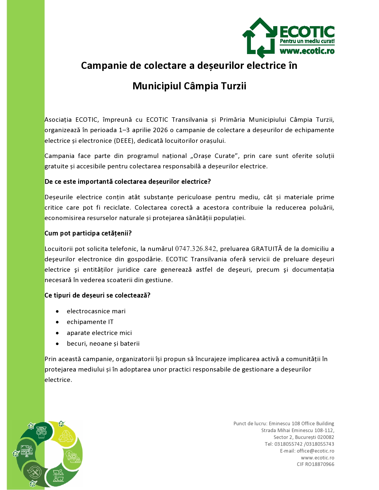 Campanie de colectare a deșeurilor electrice și electronice organizată la Câmpia Turzii, în perioada 1–3 aprilie 2026